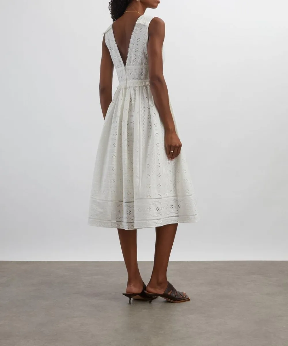Self-Portrait Dresses^White Cotton Broderie Midi Dress