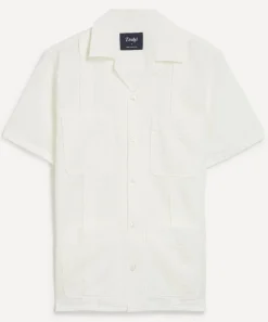 Drakes Shirts^White Cotton-Linen Seersucker Short-Sleeve Shirt