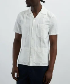 Drakes Shirts^White Cotton-Linen Seersucker Short-Sleeve Shirt