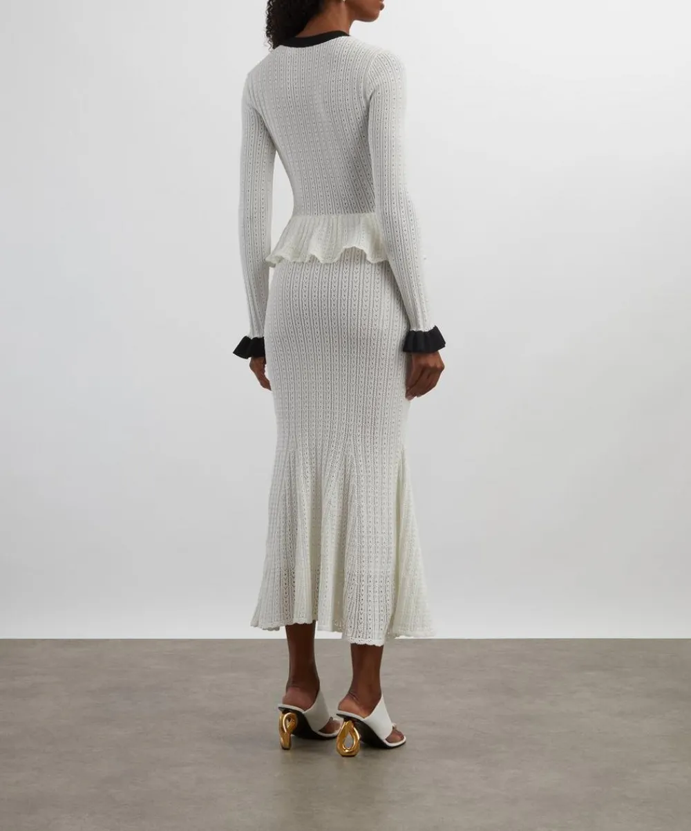 Self-Portrait Dresses^White Pointelle Knit Contrast Midi Dress